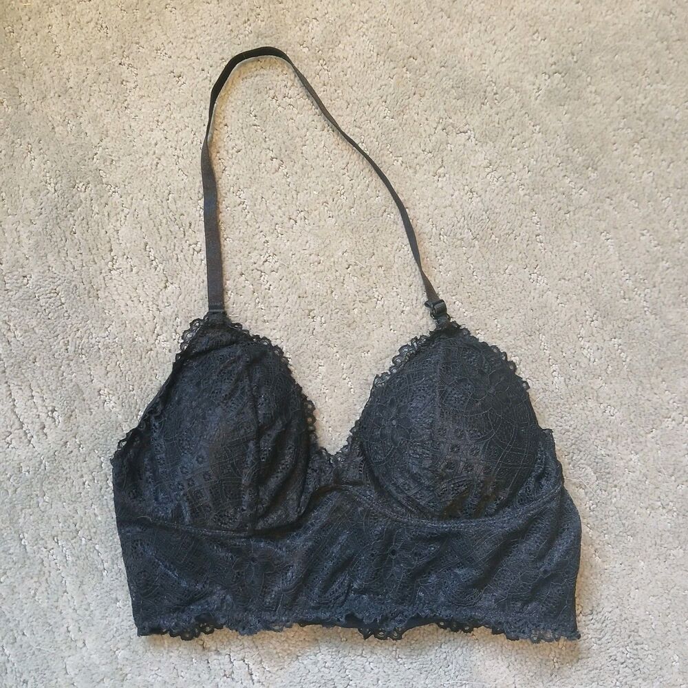BP Halter Bralette Size Small Black Lace Floral Print Whimsigoth